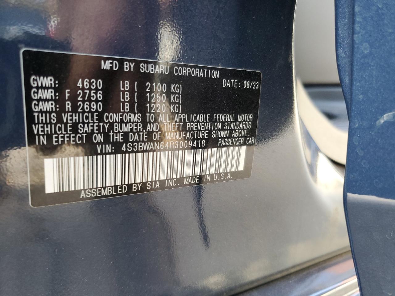 2024 SUBARU LEGACY LIMITED VIN:4S3BWAN64R3009418