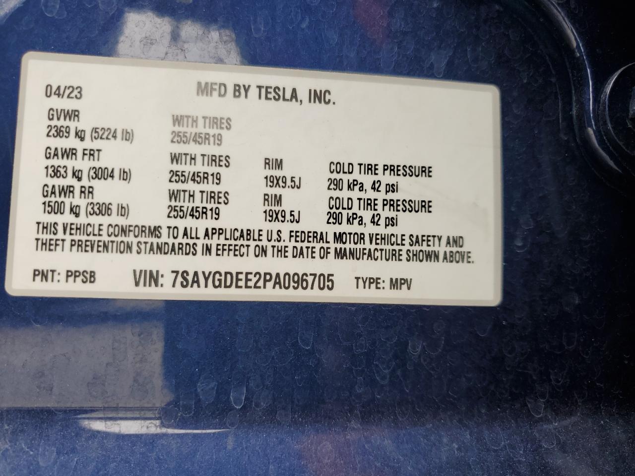 2023 TESLA MODEL Y VIN:7SAYGDEE2PA096705