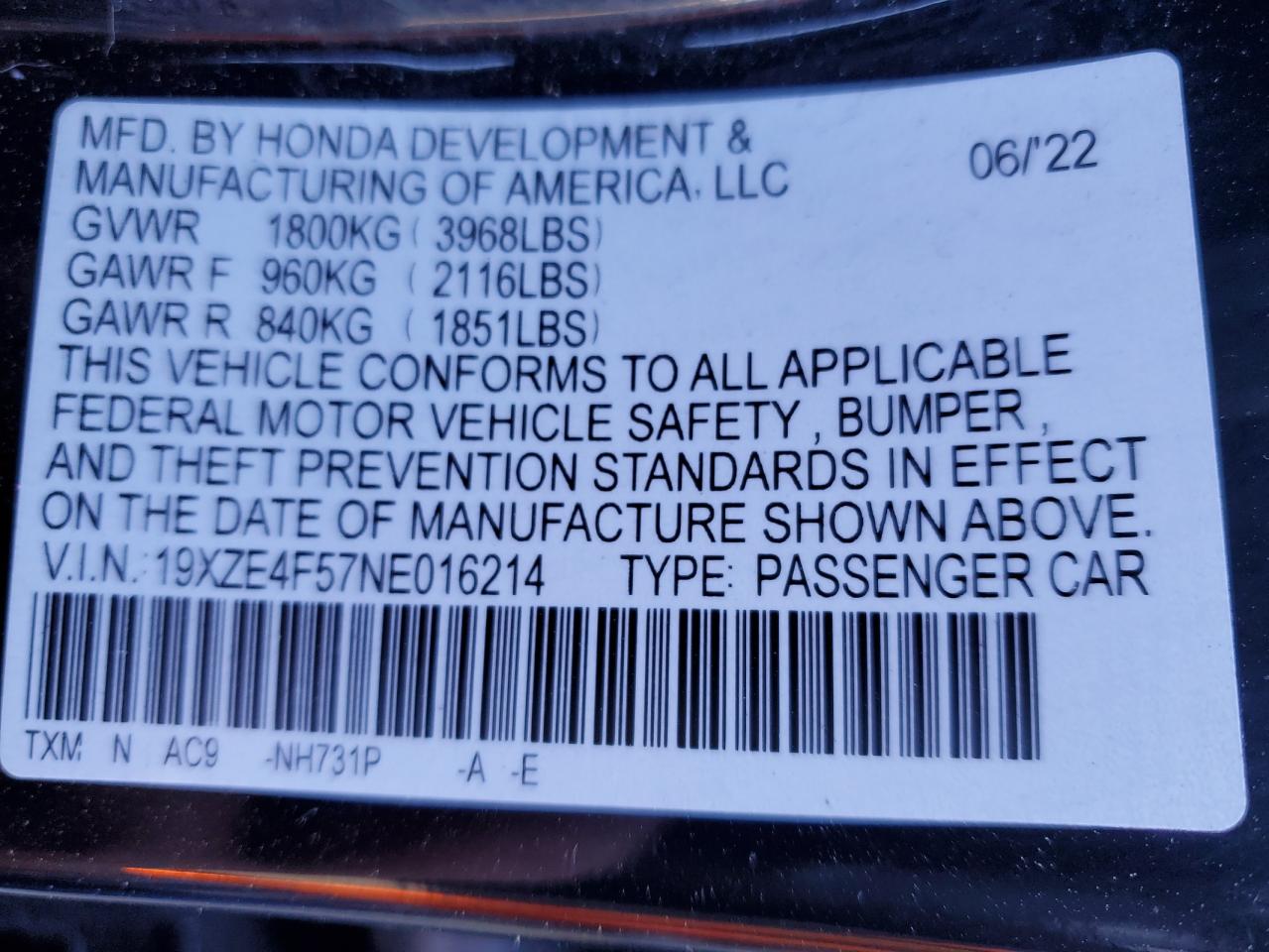 2022 HONDA INSIGHT EX VIN:19XZE4F57NE016214