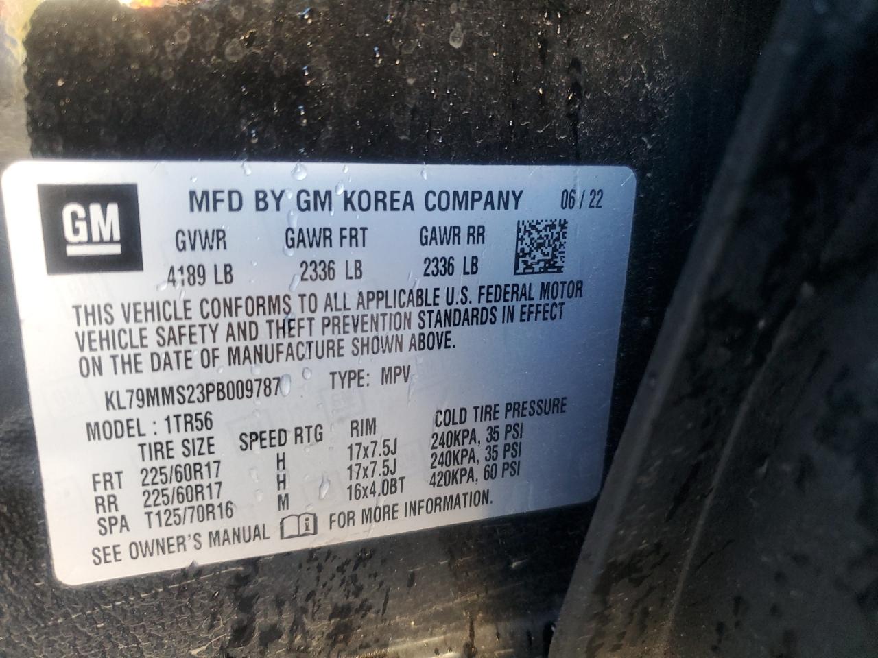 2023 CHEVROLET TRAILBLAZER LS VIN:KL79MMS23PB009787