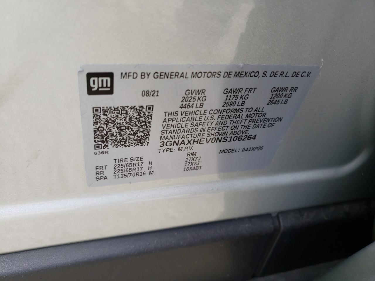 2022 CHEVROLET EQUINOX LS VIN:3GNAXHEV0NS106264