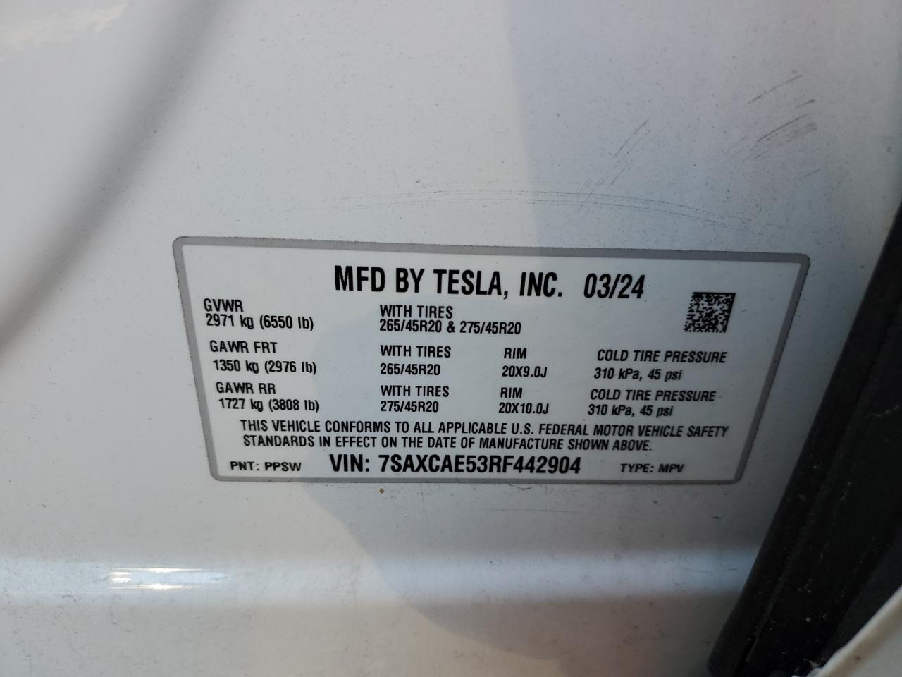 2024 TESLA MODEL X VIN:7SAXCAE53RF442904