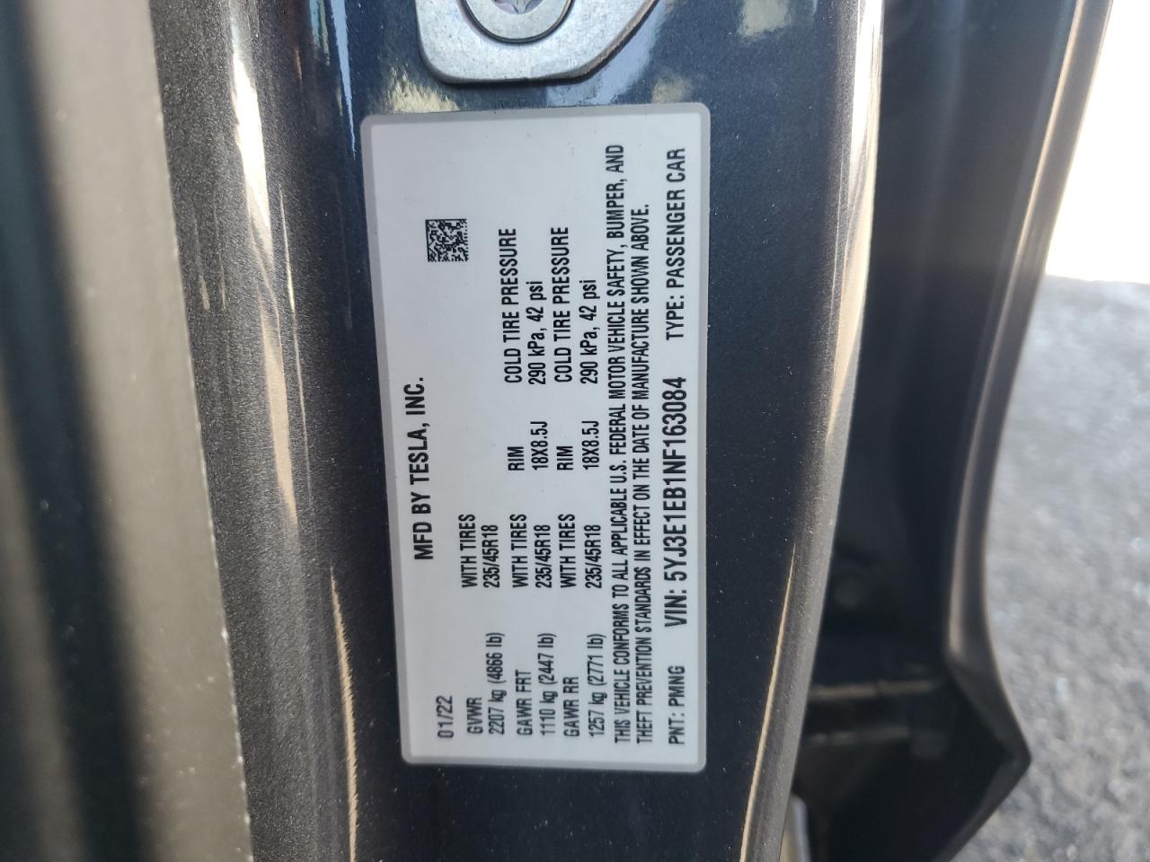 2022 TESLA MODEL 3 VIN:5YJ3E1EB1NF163084