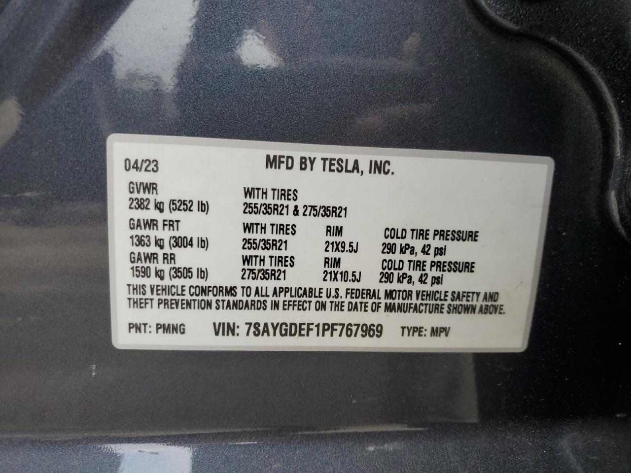 2023 TESLA MODEL Y VIN:7SAYGDEF1PF767969