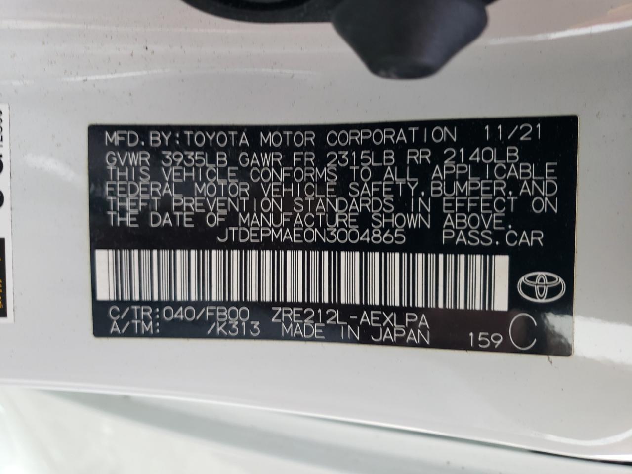 2022 TOYOTA COROLLA LE VIN:JTDEPMAE0N3004865