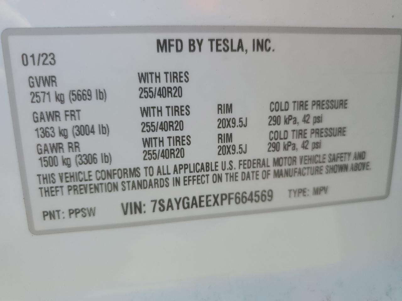 2023 TESLA MODEL Y VIN:7SAYGAEEXPF664569
