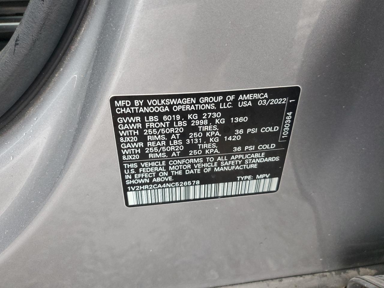 2022 VOLKSWAGEN ATLAS SE VIN:1V2HR2CA4NC526578