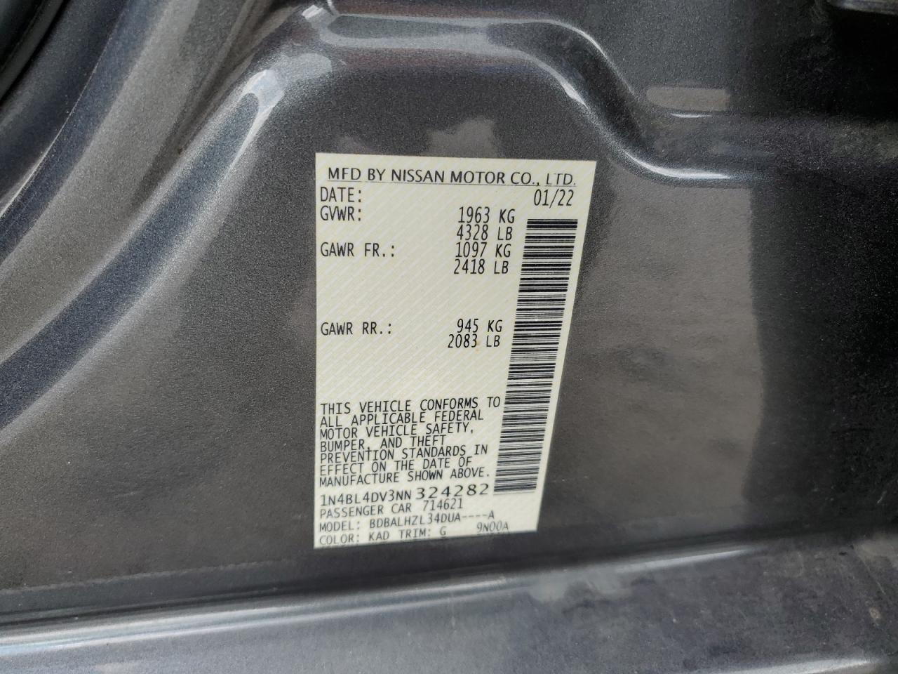 2022 NISSAN ALTIMA SV VIN:1N4BL4DV3NN324282