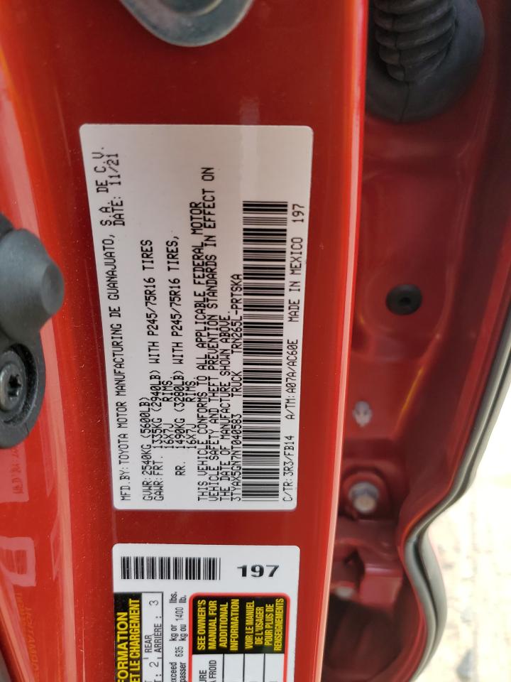 2022 TOYOTA TACOMA DOUBLE CAB VIN:3TYAX5GN7NT040583