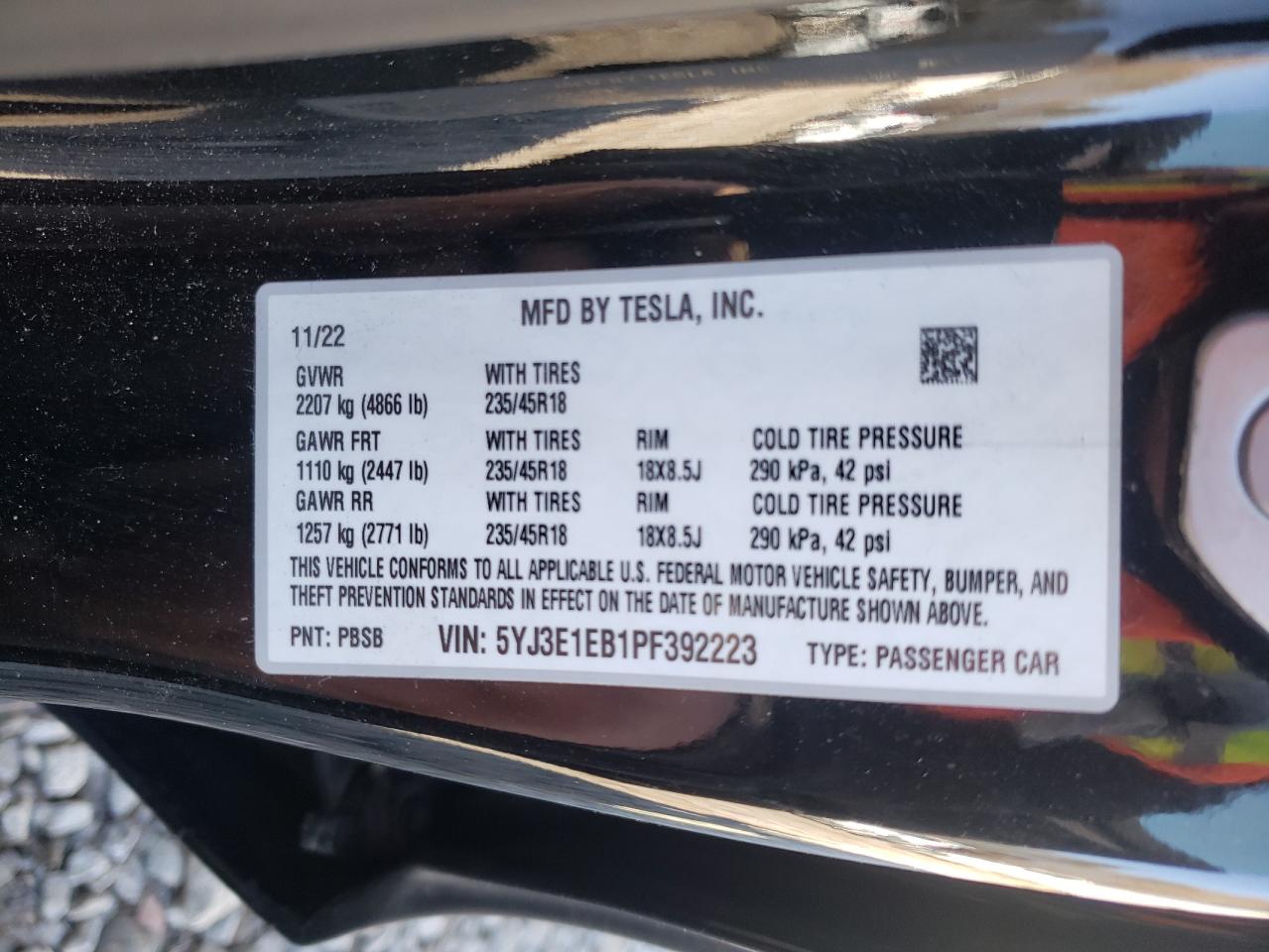 2023 TESLA MODEL 3 VIN:5YJ3E1EB1PF392223