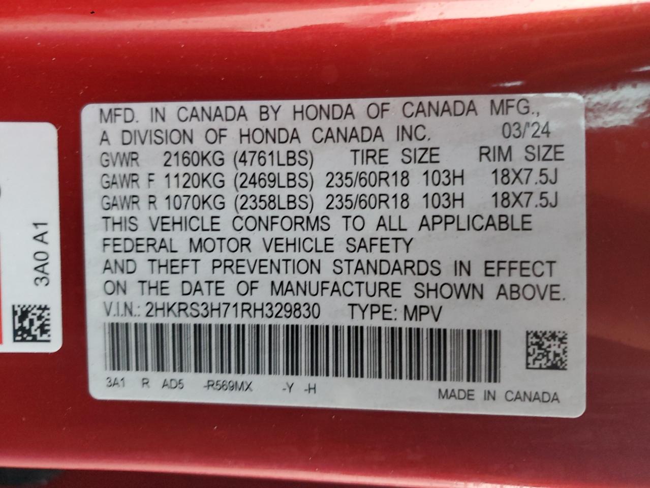 2024 HONDA CR-V EXL VIN:2HKRS3H71RH329830