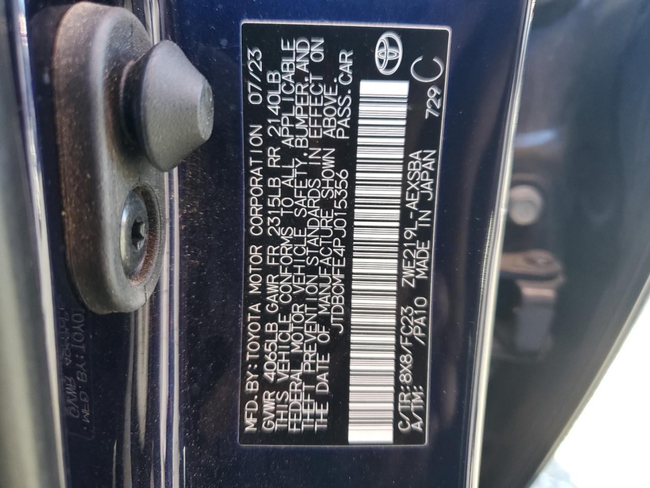 2023 TOYOTA COROLLA LE VIN:JTDBCMFE4PJ015356