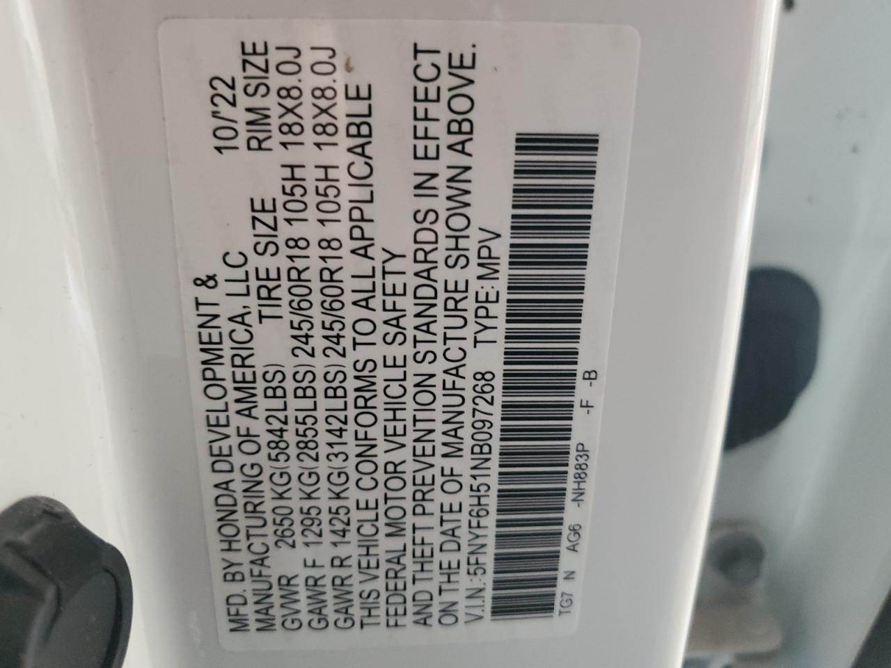 2022 HONDA PILOT EXL VIN:5FNYF6H51NB097268