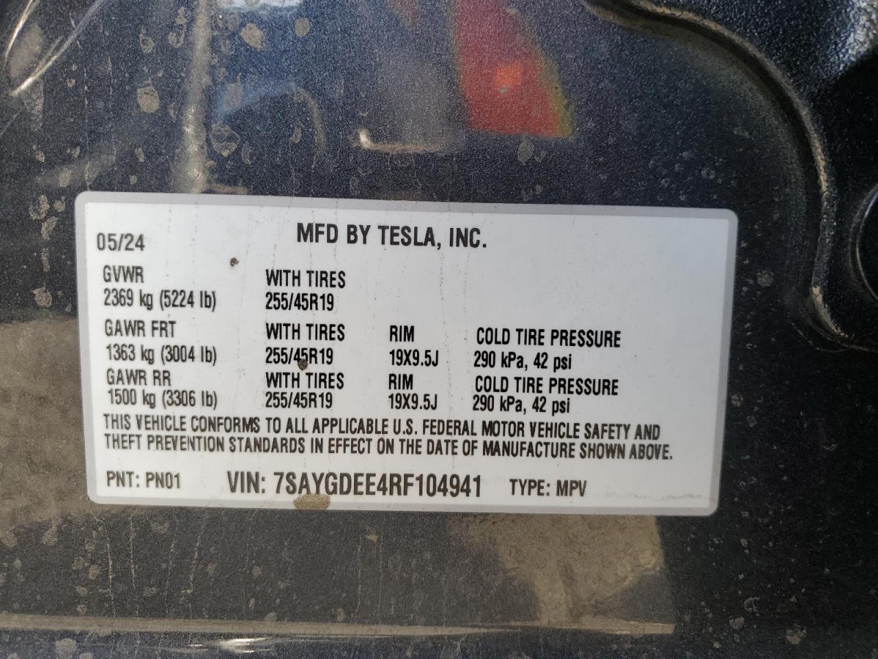 2024 TESLA MODEL Y VIN:7SAYGDEE4RF104941