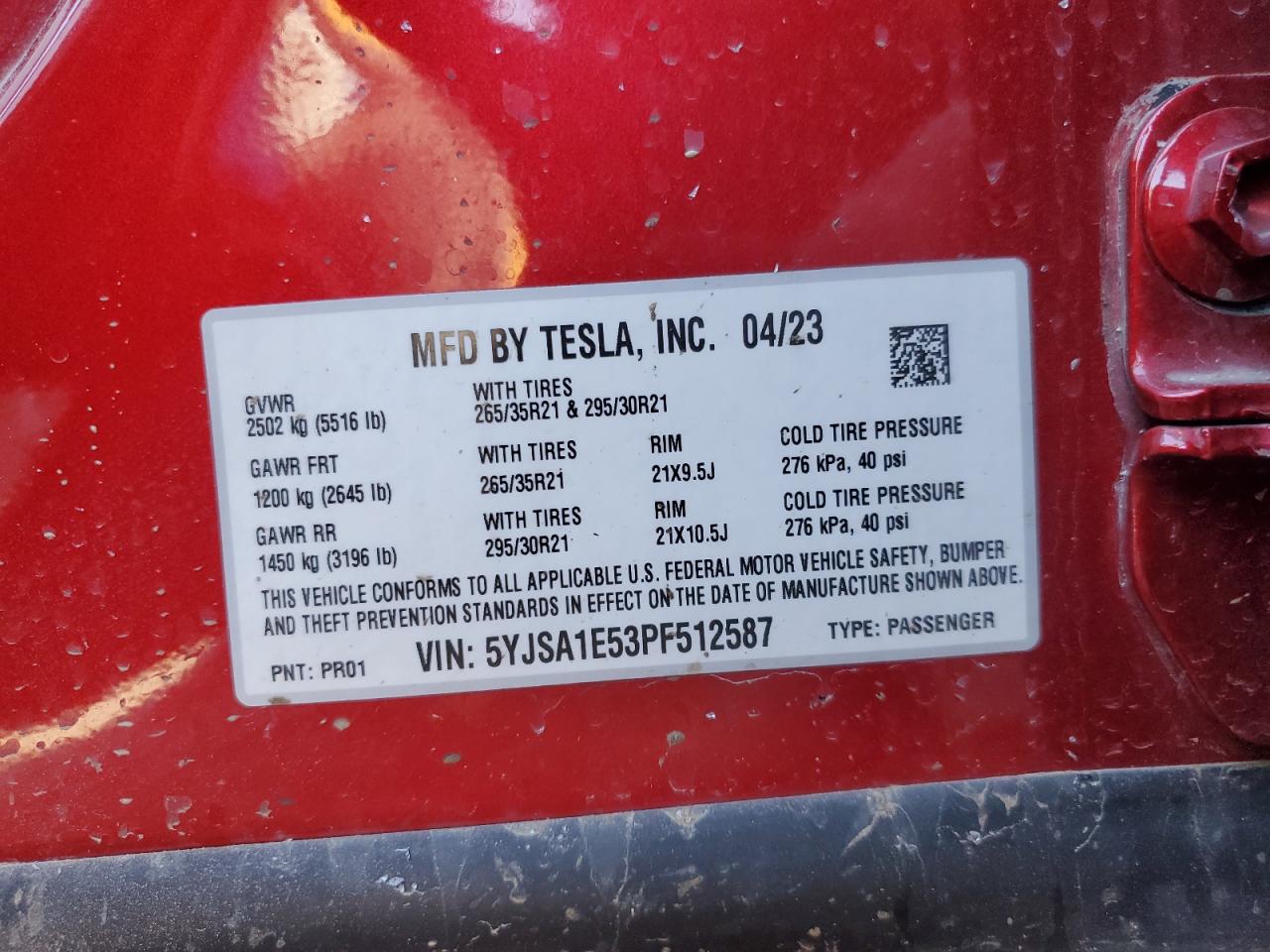 2023 TESLA MODEL S VIN:5YJSA1E53PF512587
