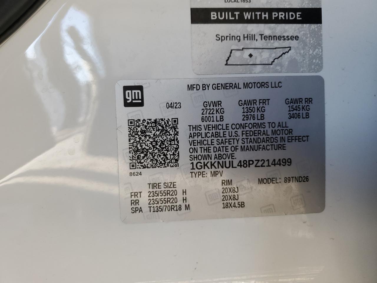 2023 GMC ACADIA SLT VIN:1GKKNUL48PZ214499