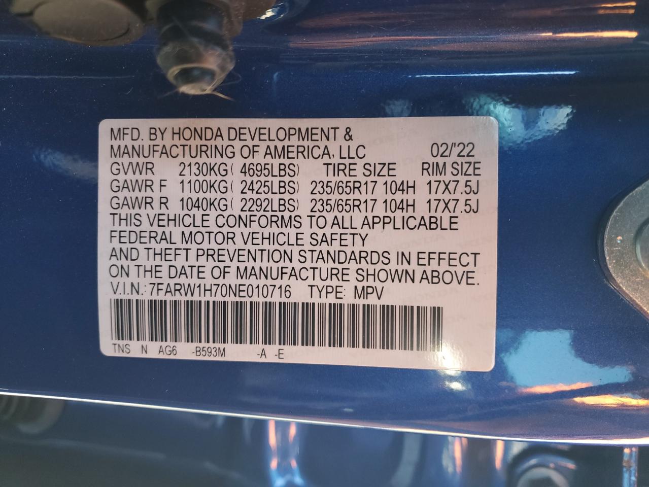 2022 HONDA CR-V SE VIN:7FARW1H70NE010716