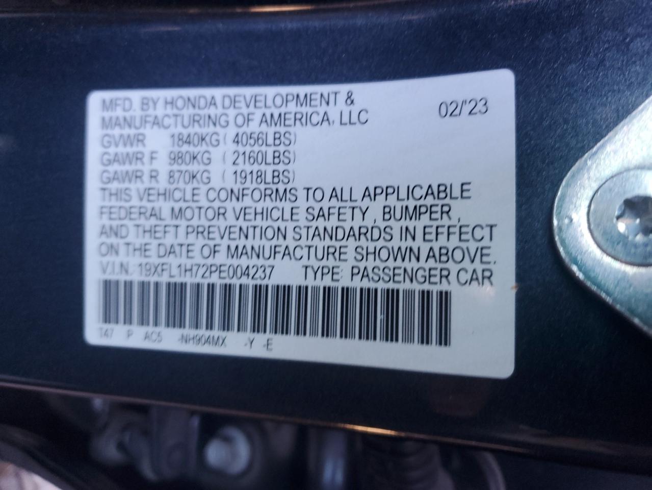 2023 HONDA CIVIC EXL VIN:19XFL1H72PE004237