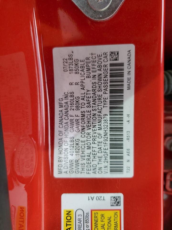 2022 HONDA CIVIC TOURING VIN:2HGFE1F92NH323879