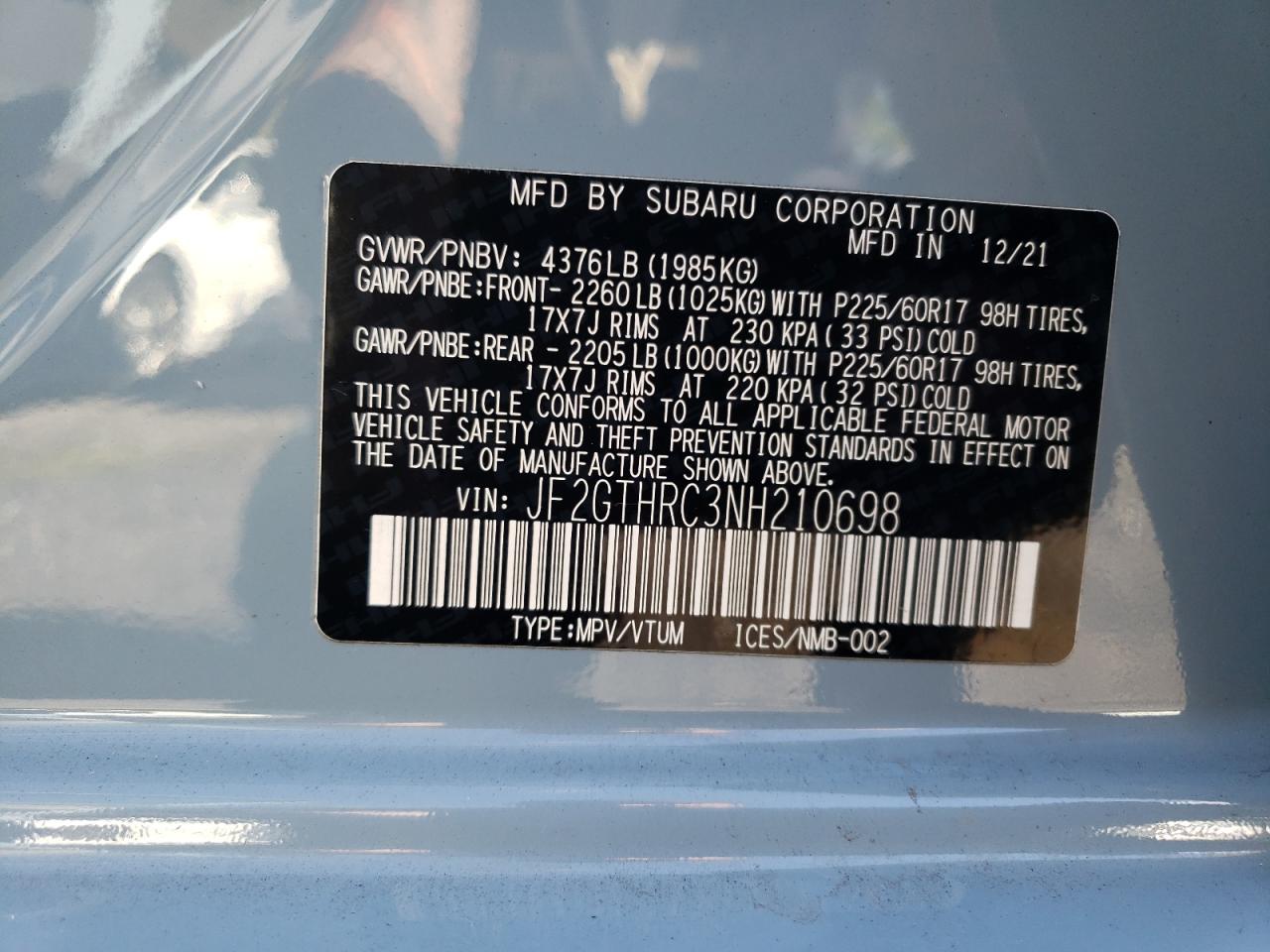 2022 SUBARU CROSSTREK SPORT VIN:JF2GTHRC3NH210698