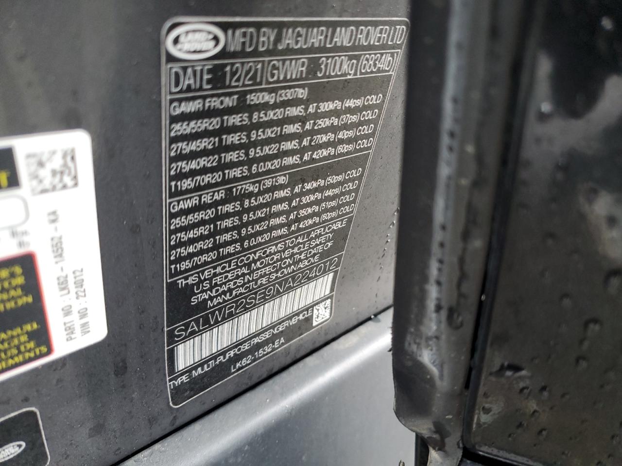 2022 LAND ROVER RANGE ROVER SPORT HSE DYNAMIC VIN:SALWR2SE9NA224012