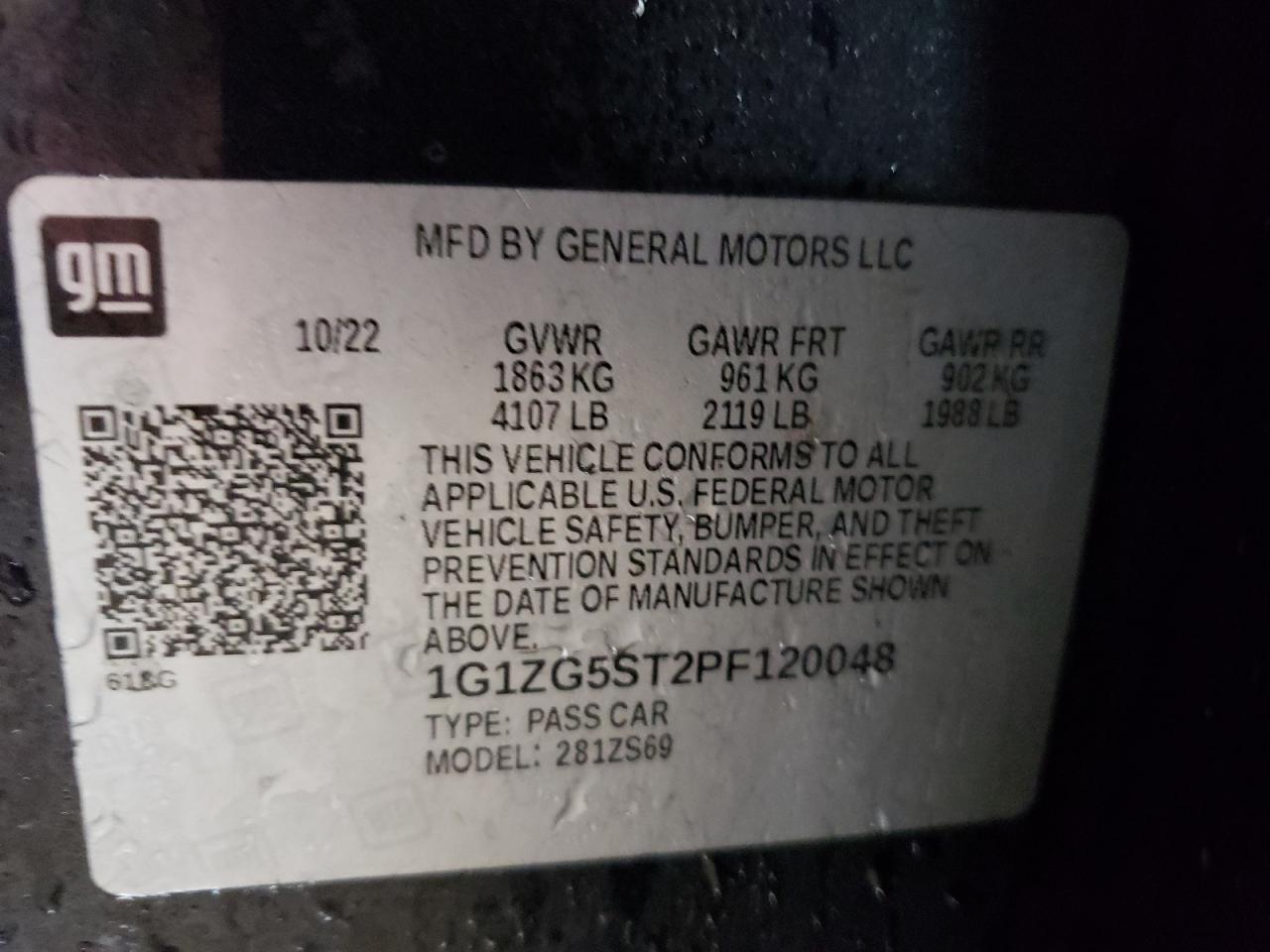 2023 CHEVROLET MALIBU RS VIN:1G1ZG5ST2PF120048