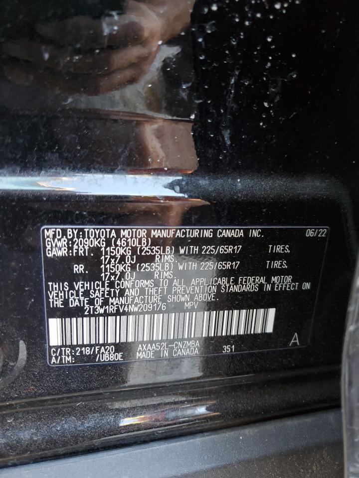 2022 TOYOTA RAV4 XLE VIN:2T3W1RFV4NW209176