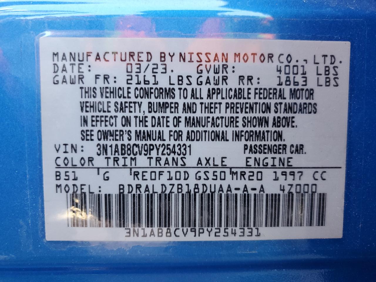 2023 NISSAN SENTRA SV VIN:3N1AB8CV9PY254331