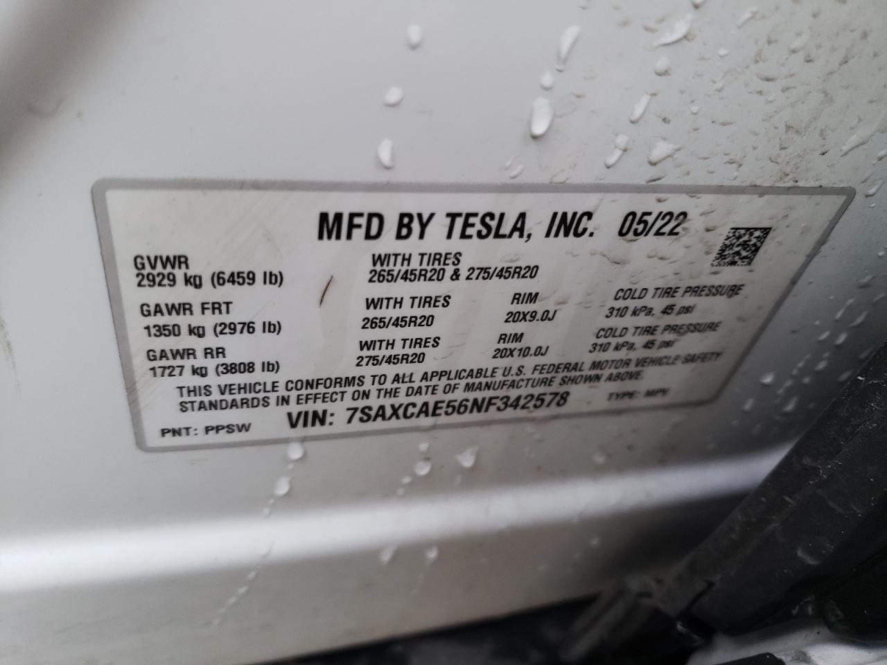 2022 TESLA MODEL X VIN:7SAXCAE56NF342578
