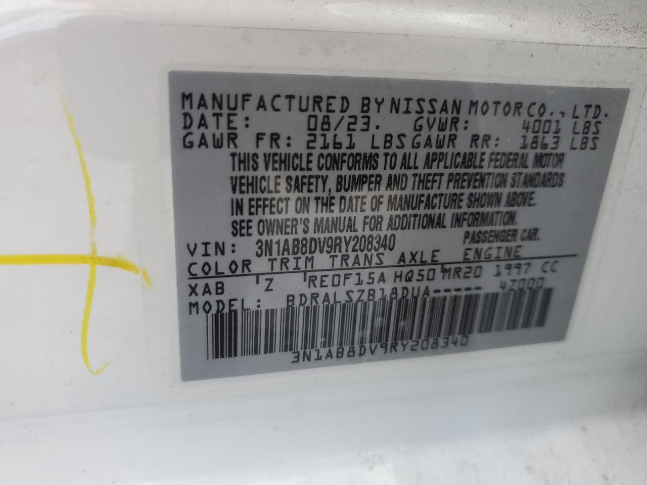 2024 NISSAN SENTRA SR VIN:3N1AB8DV9RY208340