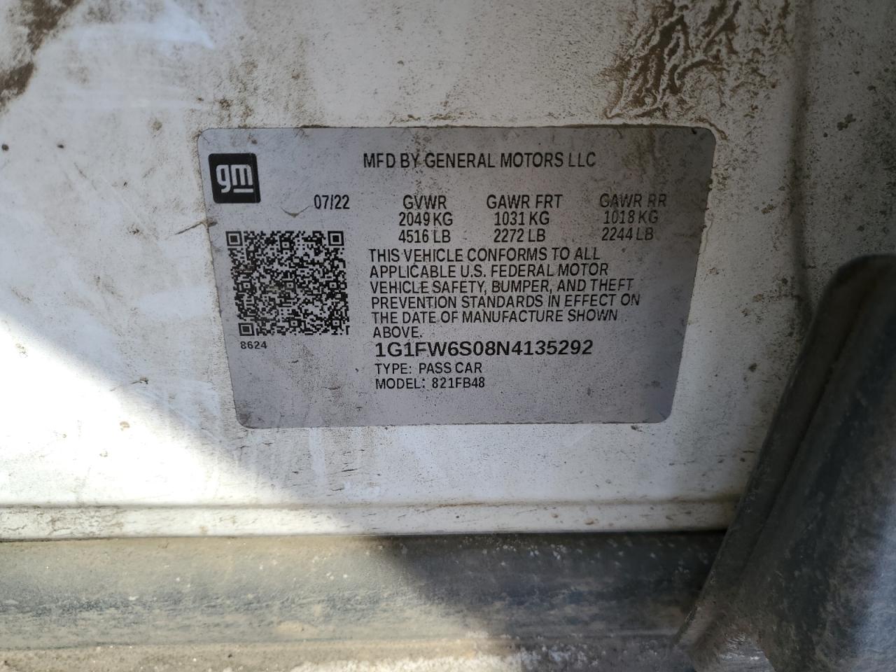 2022 CHEVROLET BOLT EV 1LT VIN:1G1FW6S08N4135292