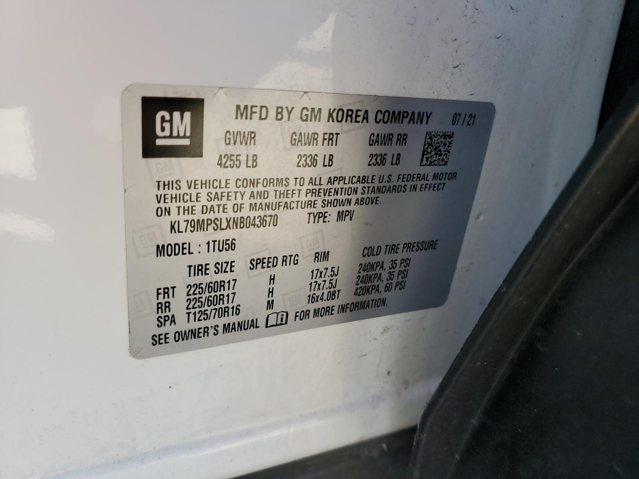 2022 CHEVROLET TRAILBLAZER LT VIN:KL79MPSLXNB043670