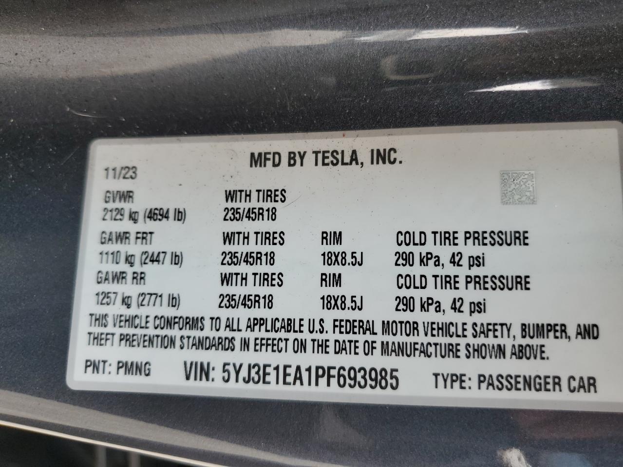 2023 TESLA MODEL 3 VIN:5YJ3E1EA1PF693985