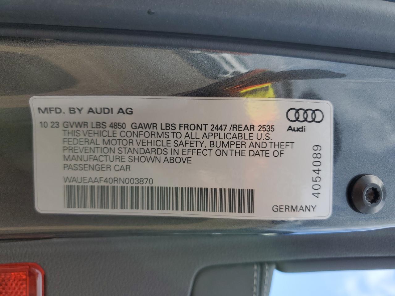 2024 AUDI A4 PREMIUM PLUS 45 VIN:WAUEAAF40RN003870