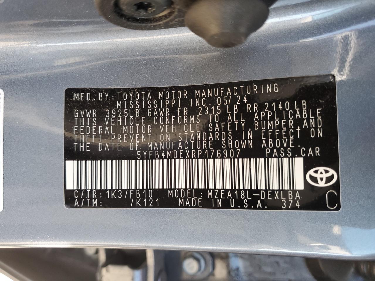 2024 TOYOTA COROLLA LE VIN:5YFB4MDEXRP176907