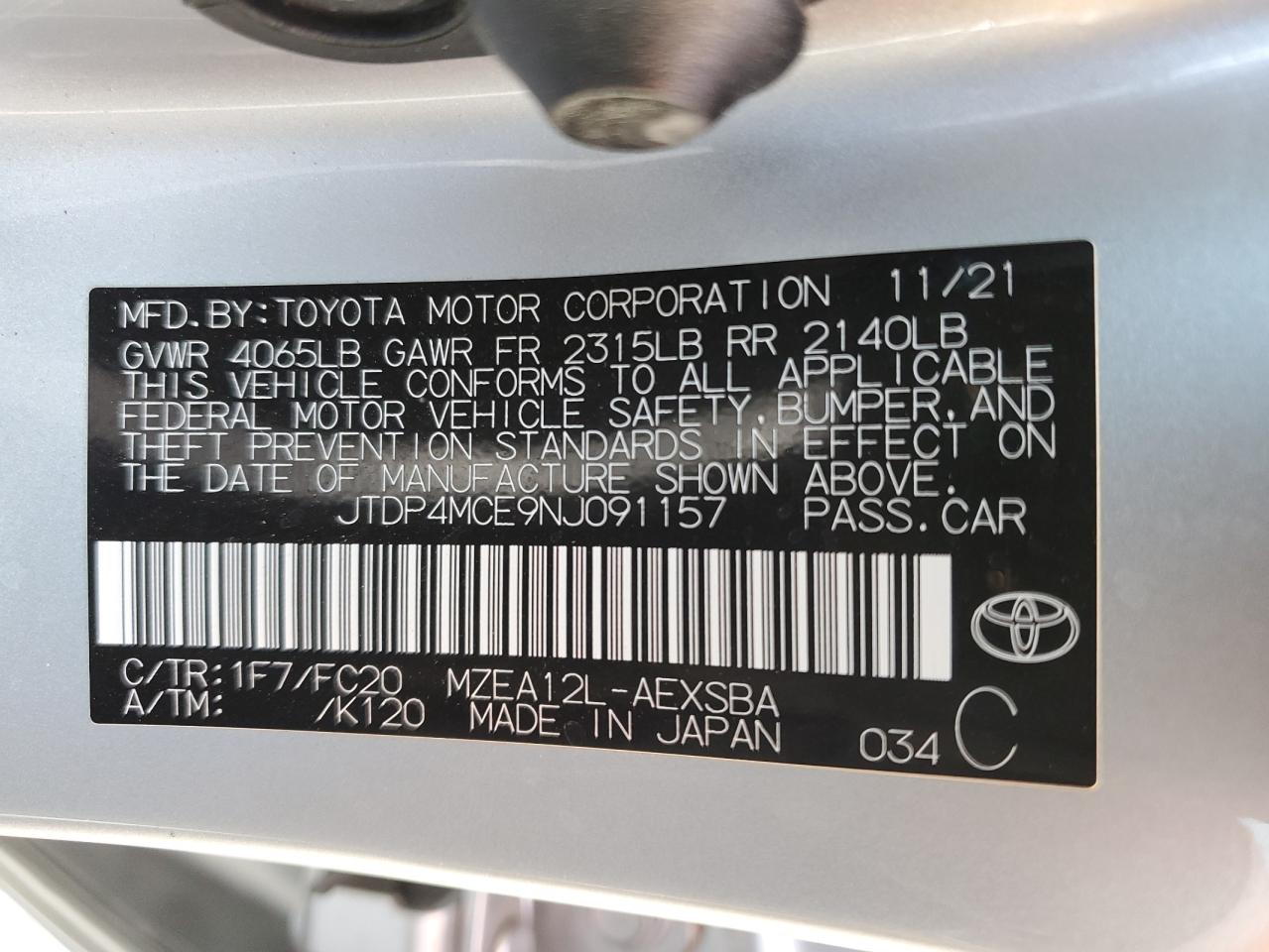 2022 TOYOTA COROLLA SE VIN:JTDP4MCE9NJ091157