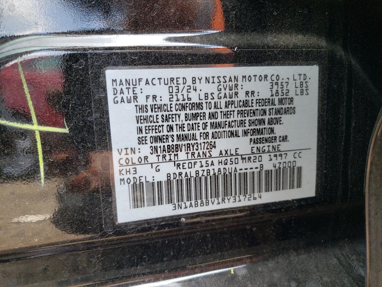 2024 NISSAN SENTRA S VIN:3N1AB8BV1RY317264