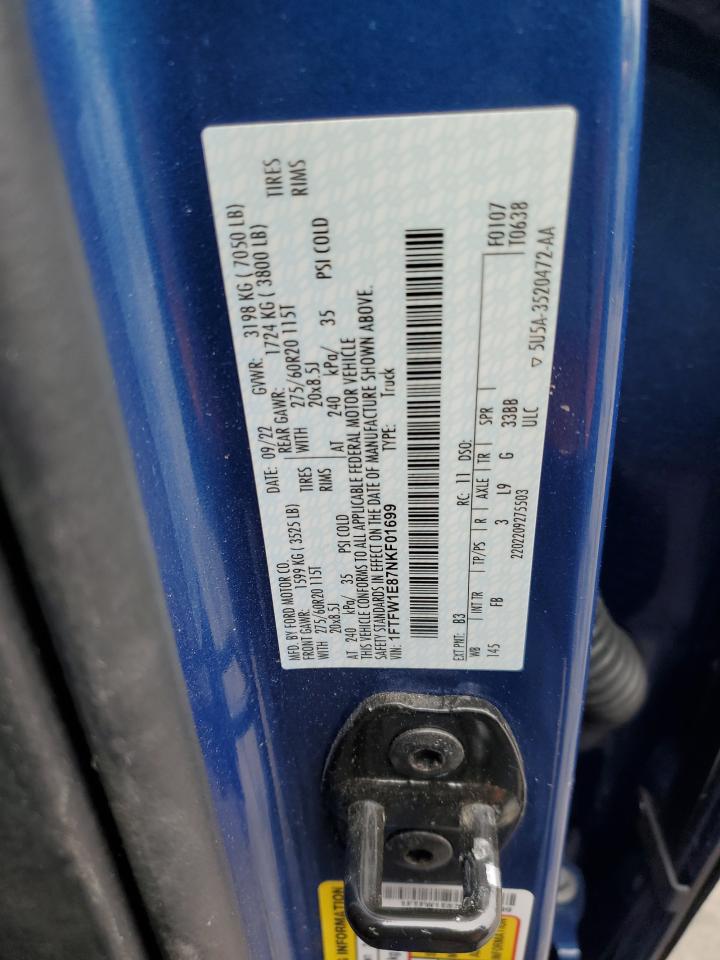 2022 FORD F150 SUPERCREW VIN:1FTFW1E87NKF01699
