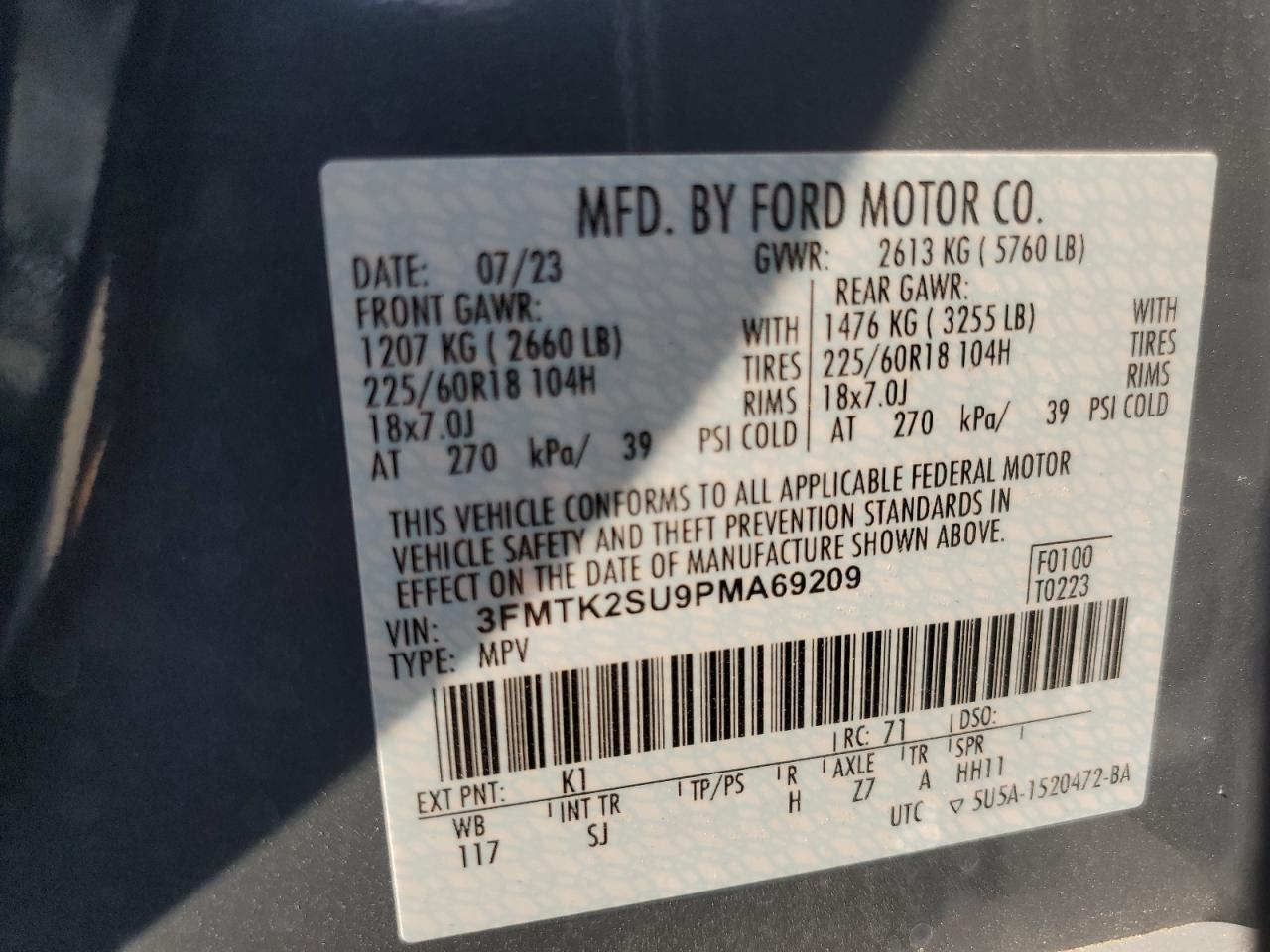 2023 FORD MUSTANG MACH-E CALIFORNIA ROUTE 1 VIN:3FMTK2SU9PMA69209
