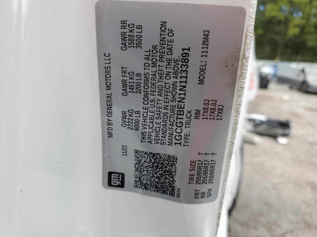 2022 CHEVROLET COLORADO VIN:1GCGTBEN1N1133891