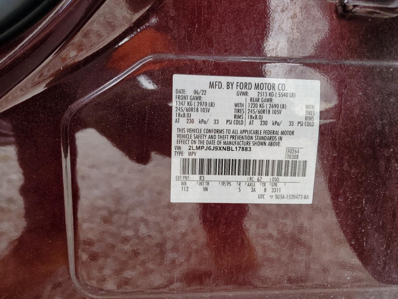 2022 LINCOLN NAUTILUS VIN:2LMPJ6J9XNBL17883