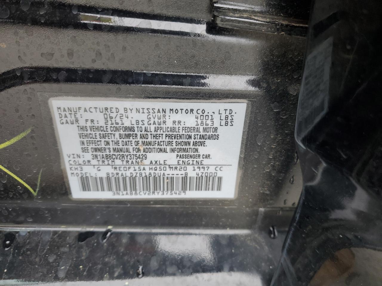 2024 NISSAN SENTRA SV VIN:3N1AB8CV2RY375429