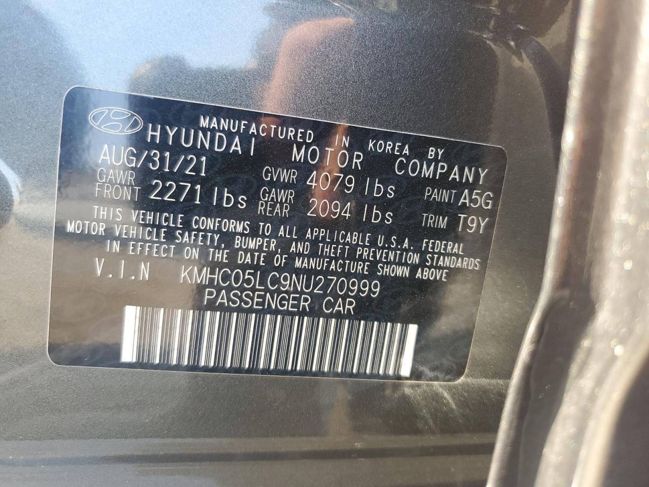 2022 HYUNDAI IONIQ LIMITED VIN:KMHC05LC9NU270999