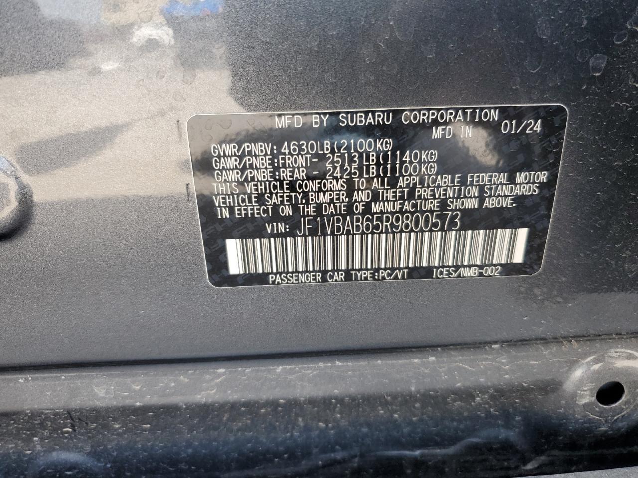 2024 SUBARU WRX VIN:JF1VBAB65R9800573