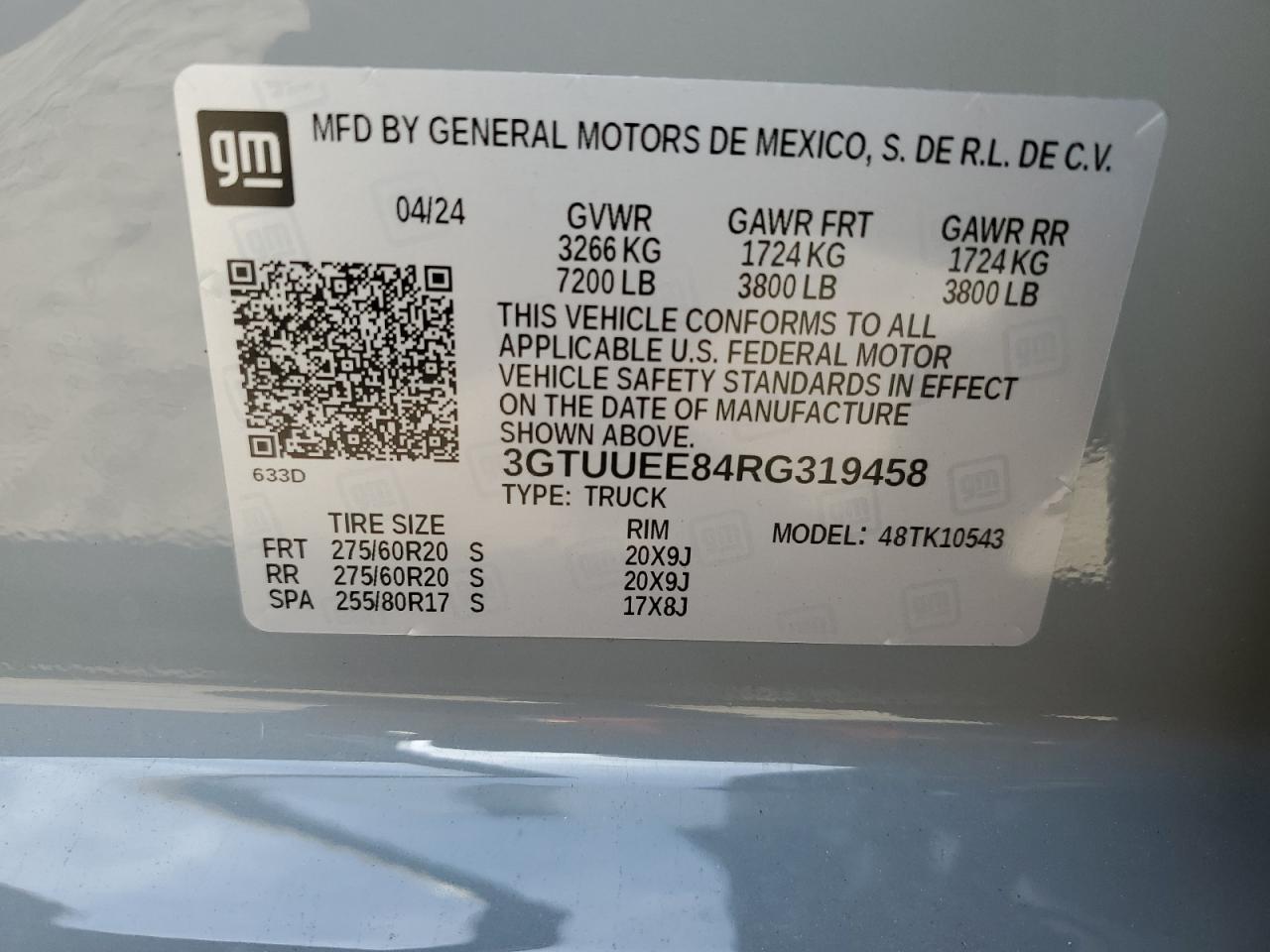 2024 GMC SIERRA K1500 AT4 VIN:3GTUUEE84RG319458
