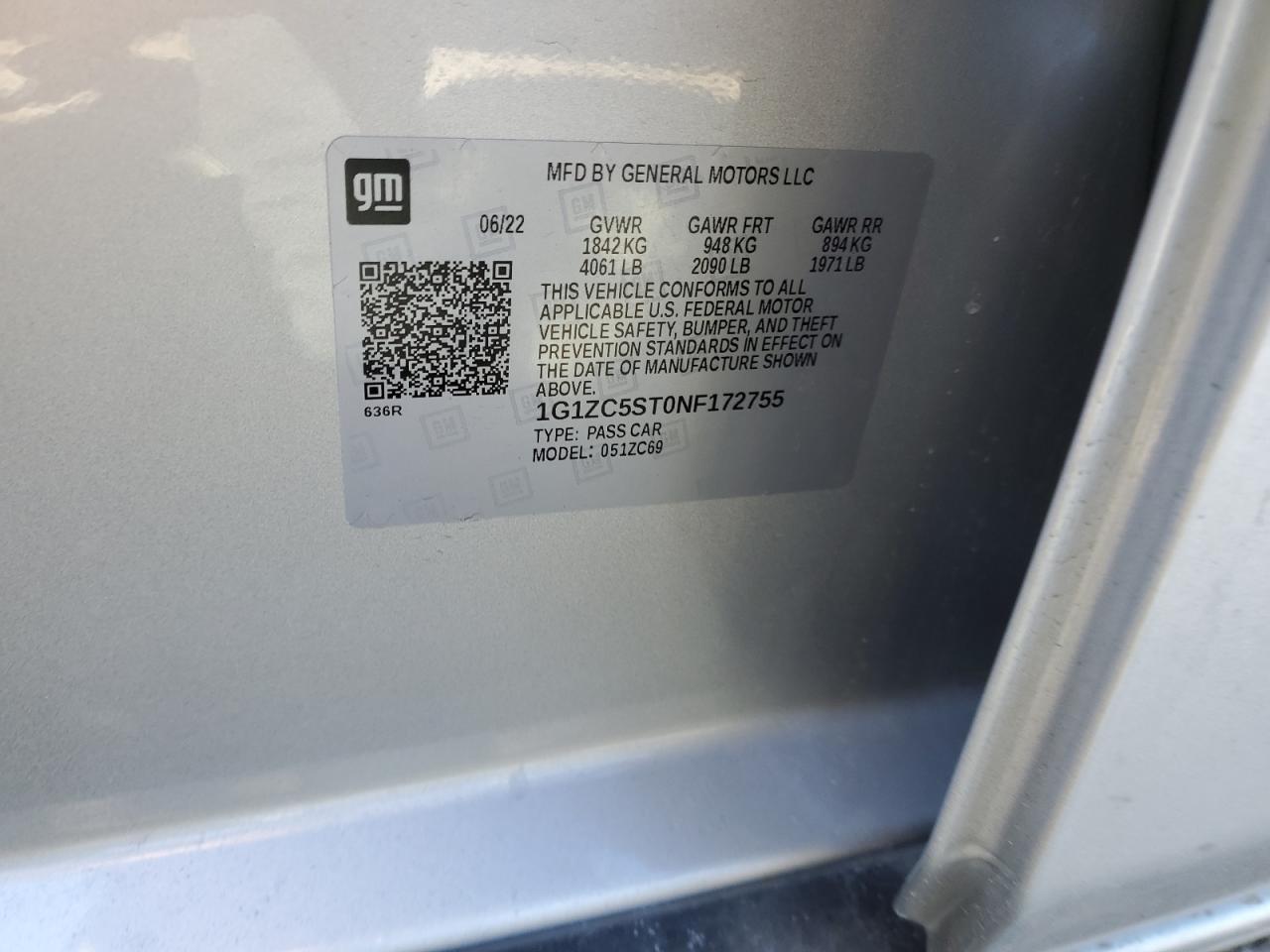 2022 CHEVROLET MALIBU LS VIN:1G1ZC5ST0NF172755