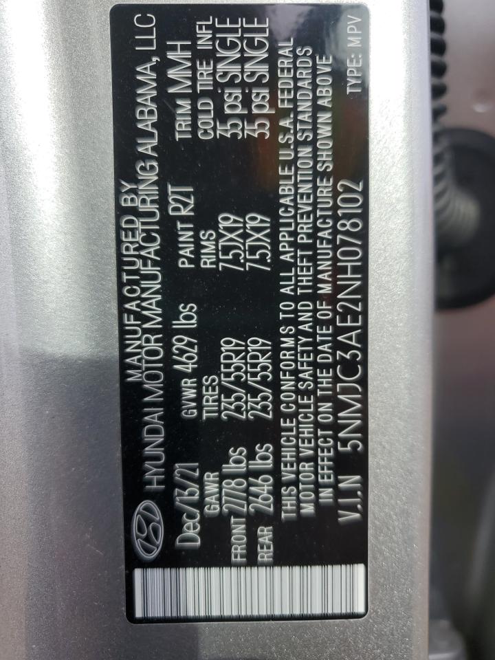 2022 HYUNDAI TUCSON SEL VIN:5NMJC3AE2NH078102