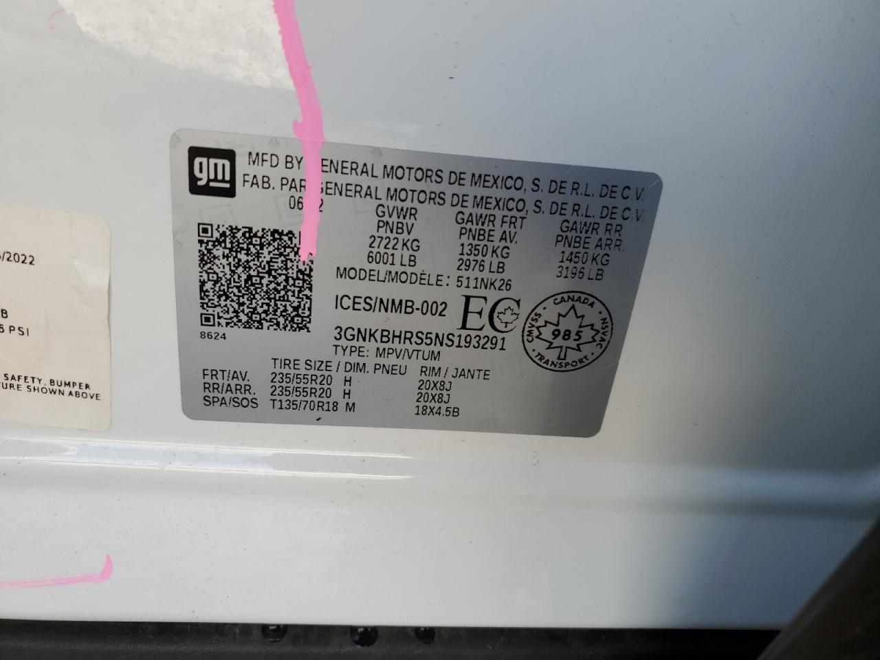 2022 CHEVROLET BLAZER 2LT VIN:3GNKBHRS5NS193291