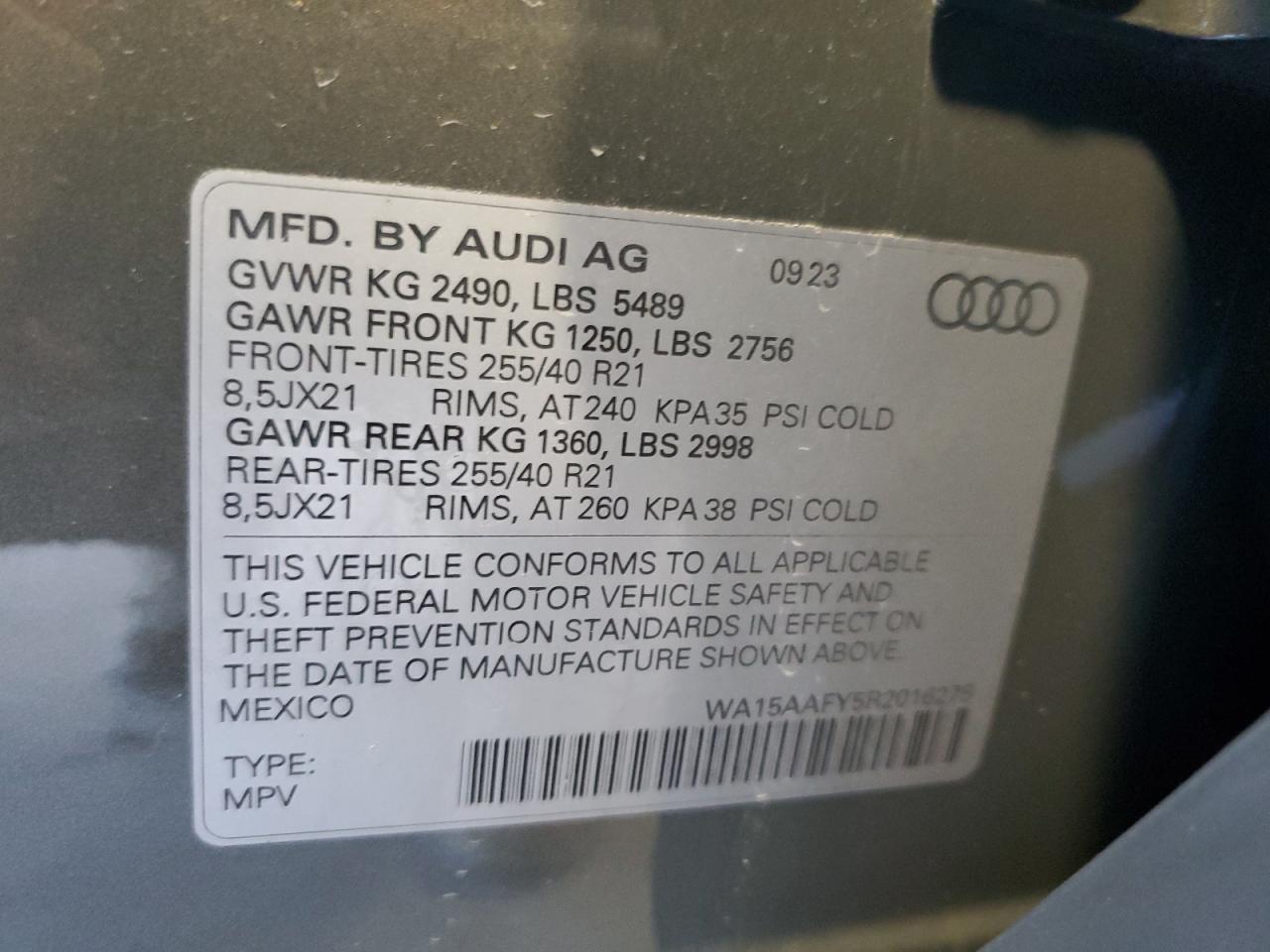 2024 AUDI Q5 SPORTBACK PRM PLS 45 VIN:WA15AAFY5R2016275