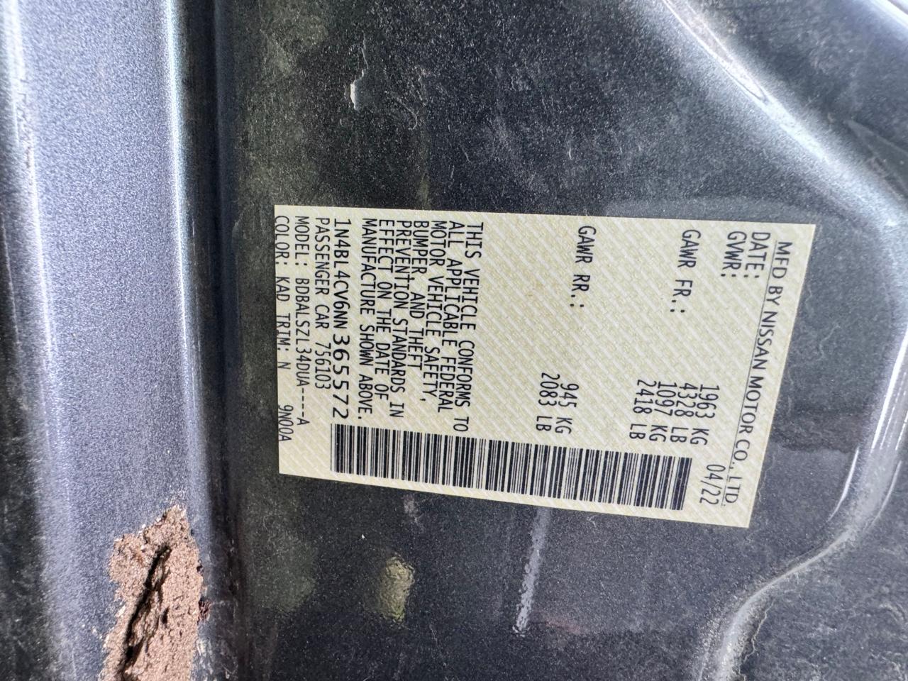 2022 NISSAN ALTIMA SR VIN:1N4BL4CV6NN365572